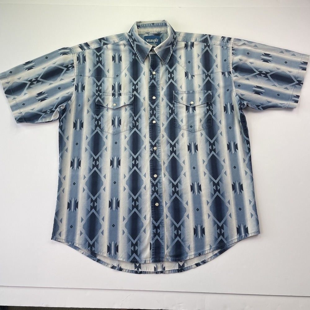 Vtg Wrangler Aztec Pearl Snap Shirt Short Sleeve Blue Men's Western Cowboy